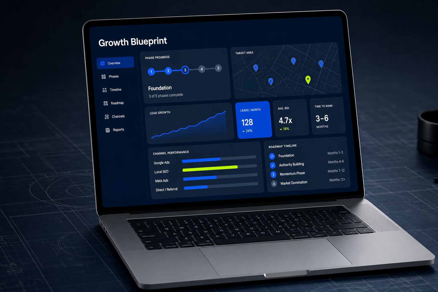 A realistic laptop mockup showing a Growth Blueprint dashboard with map pins, phase tabs, and lead growth charts